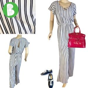 ONE CLOTHING LOS ANGELES WHITE WITH NAVY BLUE STRIPES KNIT JUMPSUIT (M)